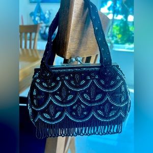 La Regale Black/Silver Beaded Evening Bag